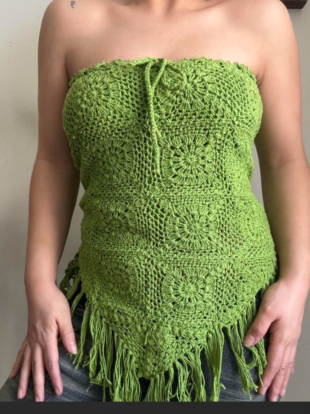 Soho Lime Green Crochet Strapless Fringe Top